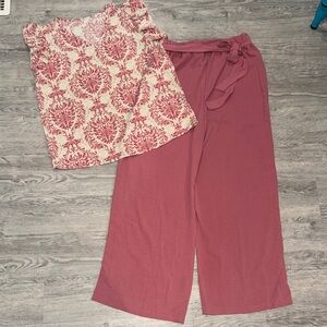 Women's Pink Wide-Leg Pants with Adorable Patterned Cream and Pink Top